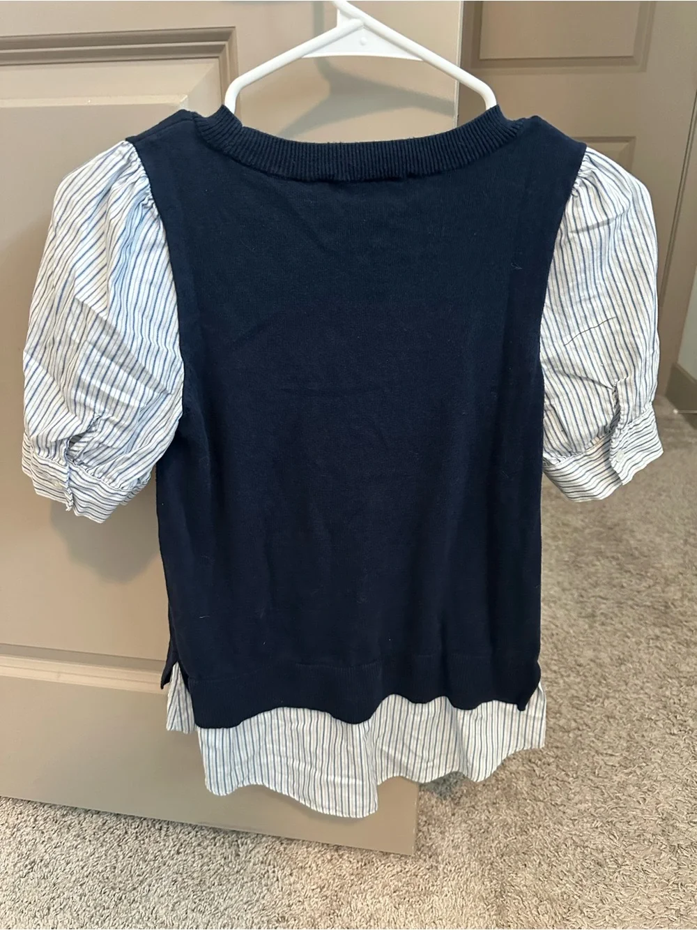 LOFT Navy Knit Pullover with White & Light Blue Striped Puff Sleeves
